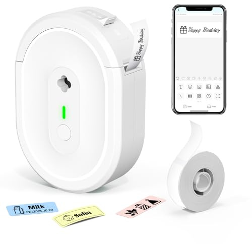 HKHKPI Label Maker Machine with Tape, Small Portable Bluetooth Label Printer, Handheld Mini Labeler for Home, Kitchen, Office, Waterproof Label Makers for Labeling, Gift, Kids School Items, White