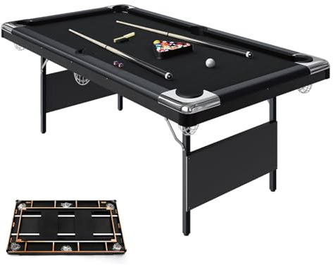 7 Ft Folding Billiards Table, Portable Pool and Snooker Table with Complete Accessories Set – Includes Billiard Balls, 2 Cue Sticks, Chalk, and Felt Brush for Home Game Room