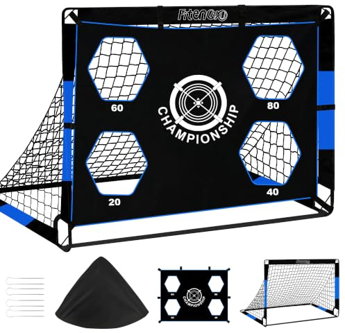 Fitencexu Football Goals, Goal Wall for Children, Outdoor Football Goal with Goal Wall, 3-in-1 Pop Up Goal with 4 Shot Holes and Carry Bag, Ground Nails, 3 Targets and 6 Obstacles (Blue)