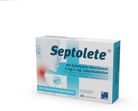 Septolete mit Eukalyptus-Geschmack 3 mg / 1 mg Lutschtabletten: Gegen Halsschmerzen bei Infektionen im Mund- und Rachenraum wie Pharyngitis, 16 Lutschtabletten