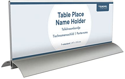 Europel Targhetta Nome da Tavolo 105 x 297 mm, Porta Nome in Alluminio e Acrilico, Segnaposto Professionale per Ufficio, Reception e Eventi