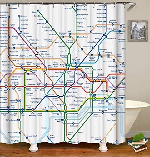 Chickwin Chickw1 Duschvorhang Anti-Schimmel & Wasserdicht, 100% Polyester 3D-Digitaldruck Graffiti-Serien Mit 12 Duschvorhangringe für Badezimmer (180 * 180cm,U-Bahn Route Karte)