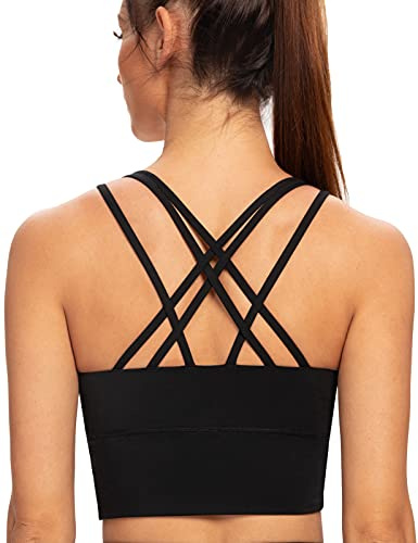 AGONVIN Dam Longline Yoga Vadderad Strappy Medium Support Träningsträning Top Sports BH Schwarz XXL