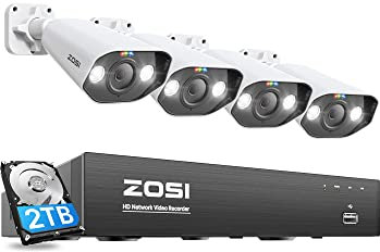 ZOSI 5MP Überwachungskamera Aussen Set, 8CH 4K 2TB HDD NVR und 4X 5MP PoE IP Outdoor Kamera, 2-Wege Audio, Personen- und Fahrzeugerkennung, Spotlight Alarm, C1825A