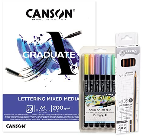 Canson Graduate Lettering Kit Bloc Multi-Techniques 20 Feuilles 200g, Lyra Aqua Brush Duo Pastel Tones 6 unités, Marqueurs Double Fin : l'un Fin et l'autre - Ofituria