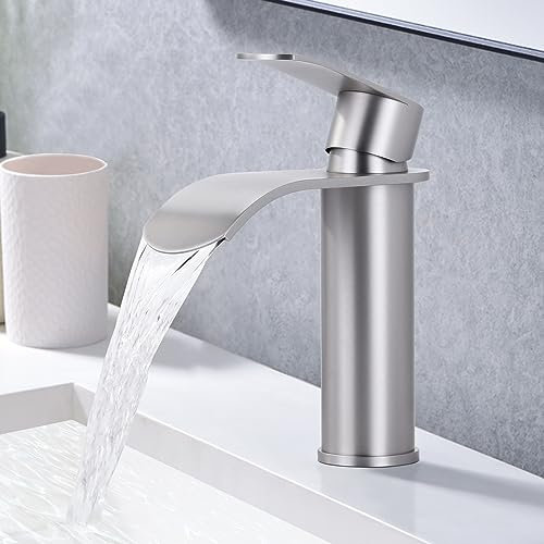 ARCORA Grifo de baño, grifo de lavabo con poco ruido, de acero inoxidable, monomando, cascada, grifo para lavabo, Níquel Cepillado
