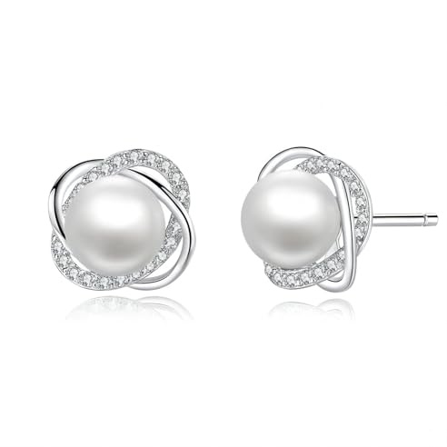 Ankbrats 925 Sterling Silver Klöverblad Örhängen Plugg med Kubisk Zirkon - Fashionabla Eleganta Sötvattenspärlor för Kvinnor Flickor, Silver