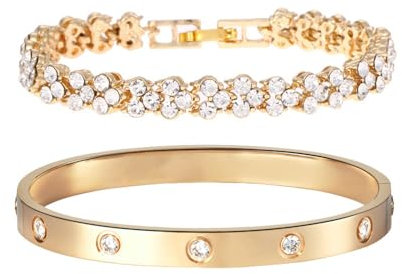 TOFBS Armband Set Damen Vergoldet Zirkonia Einfache Silber Armreif und Armbänder Set Verstellbar Armreif Armbandset Geschenk für Frauen Jubiläum Geburtstag Gold