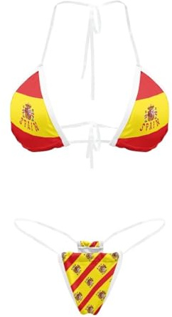 Suhoaziia Conjunto de bikini con tirantes transparentes y micro tangas brasileñas, traje de baño para mujer, sexy, sin línea bronceada, Bandera de España, M
