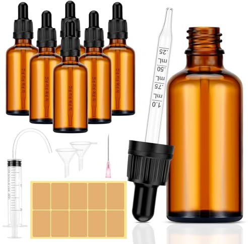 Collazoey 6 pcs pipettes de 50 ml, dont 6 accessoires auxiliaires, flacons en verre marron, pour huiles essentielles, huiles de parfum, colorants liquides, mélanges d'aromathérapie