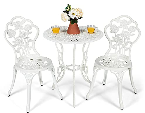 COSTWAY 3-TLG. Gartenmöbel Set, Balkonset mit 2 Stühle und Tisch, Balkonmöbel aus Aluminiumguss und Gusseisen, Terrassenmöbel, Gartengarnitur, Sitzgruppe für Terrasse, Balkon, Garten, Weiß
