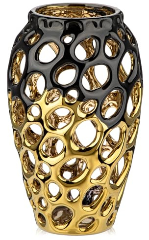 Oairse Black and Gold Vases for Centerpieces, Openwork Ceramic Flower Vase 8.7 Hollowed Decorative Pampas Grass Vase Gold Table Decor for Home Living Room Dinner Room Bedroom Office Wedding