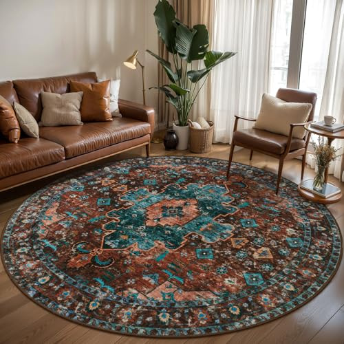 Ciicool Alfombra bohemia lavable de 6 x 6 pies, redonda, antideslizante, oriental, de pelo bajo, para comedor, sala de estar (rojo ladrillo/verde azulado opaco)