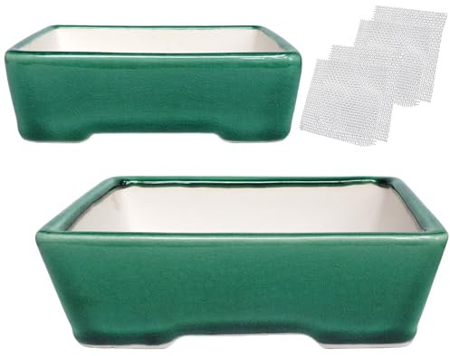 Set of 2 Zisha White Clay Bonsai Pot Glazed Shallow Succulent Planter Green