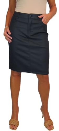Paulo Due Jupe Crayon Style Jean Extensible Aspect Cuir Enduit pour Femme Noir Mat 38-50 (48)