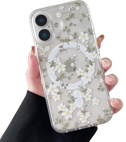 ZTOFERA Magnetiskt fodral för iPhone 16, estetiskt blommönster, sött, fallskydd, skyddande hårt telefonskydd, Stor vit blomma | Estetisk blommönsterdesign | Stödjer magnetiska tillbehör | klar mjuk TPU-stötfångare + hård baksida | skyddande telefonskydd