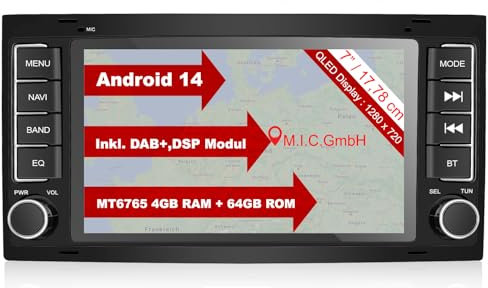 M.I.C. AVT7-L2 Android 14 Autoradio mit navi: MediaTek MT6765V 4G+64G;7 QLED Display;4G SIM,Carplay,Android Auto,DAB+,Bluetooth 5,WiFi,GPS: Ersatz für VW T5 multivan Touareg mit RNS 510