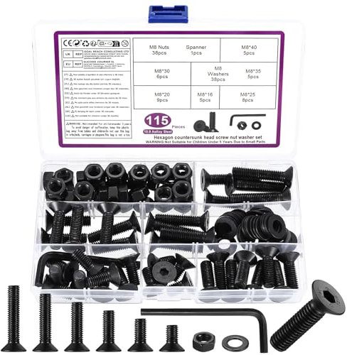 115 Pcs Vis M8, Vis Boulons et écrous Set, Vis à Tête Fraisée à Tête Hexagonale et écrous avec Rondelles Kit, Boulons Vis à Tête Plate à Six Pans Creux, Noir, avec Clés Hexagonales