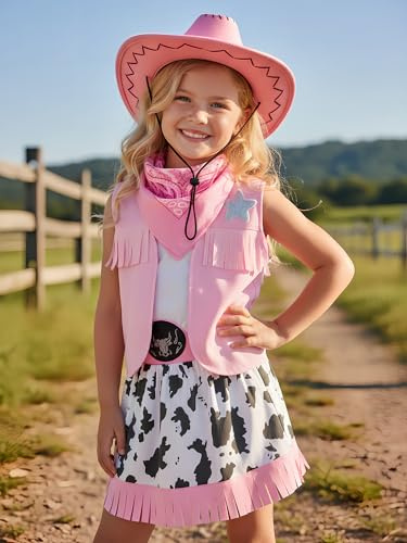 Nuehoryu Cowgirl Costume for Girls Toddler Western Outfit with Hat and Bandanna (3-4 Years)