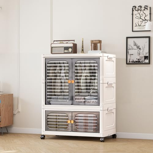 Niwugady Armadio portatile con doppia ante, pieghevole con ruote, cassettiera pieghevole in plastica, con 1 sospensione + 1 portaoggetti, 60 x 35 x 79 cm, bianco