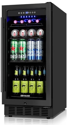 ORYMUS 15 Inch Beverage Refrigerator, 130 Cans Drink Fridge with Glass Door & Lock, Under Counter or Freestanding Beverage Cooler for Soda, Beer & Water, Upgraded Quiet Compressor, Memory Temp, Black