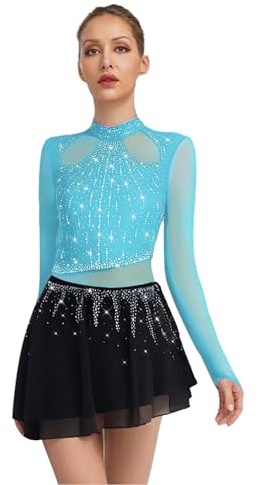 JEATHA Vestido De Danza Lírica Para Mujer Leotardo Con Falda De Gasa De Manga Larga Body De Patinaje Artístico Traje De Danza Moderna Azul claro S