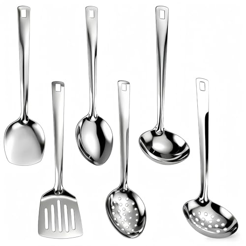 Juego de utensilios de cocina de acero inoxidable, 6 piezas, juego de utensilios de cocina, espátula, apto para lavavajillas, inoxidable, ideal para cocina y exterior