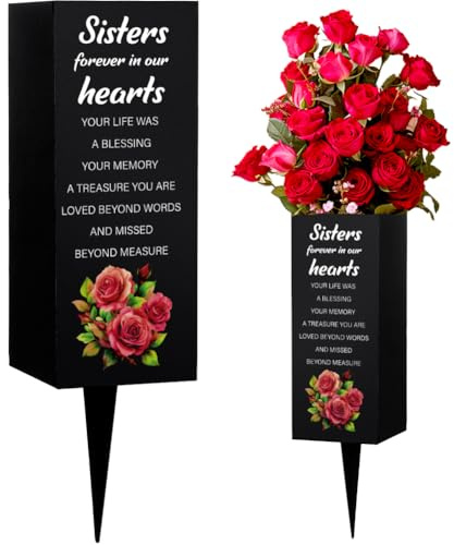 WEBEEDY Grave Vases with Spike Sisters Memorial Cemetery Vase Rose Bush Grave Decoration for Cemetery Memorial Gift Metal Graves Flower Holder for Funeral (Sister Forever in Our Heart),1 pc (3x8 Inch)