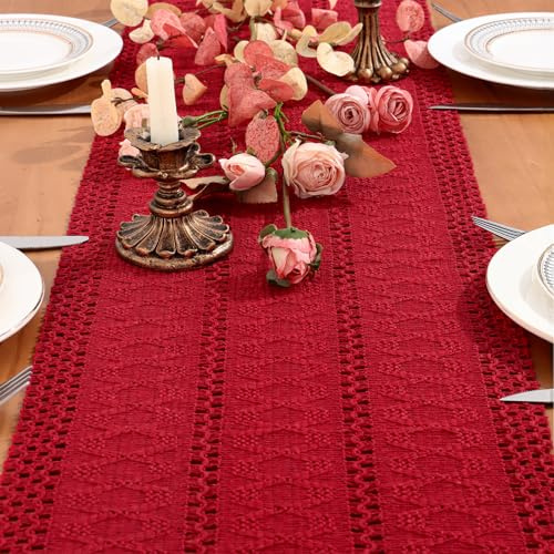 Dremisland Table Runner Macrame Farmhouse 95 Inch Boho Table Runner Red Woven Cotton Table Cover Rustic Dresser Scarf Table Decoration for Dining Kitchen Table Party Birthday Decor