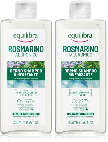 Equilibra, Rosmarino Ialuronico Dermo Shampoo Rinforzante, 265 ml, con Acido Ialuronico, Olio Essenziale di Rosmarino, Idratante Naturale, e Acqua distillata di Tè Verde, per Tutti I Tipi di Capelli