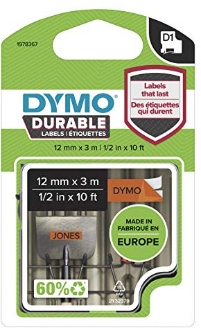 DYMO Authentic D1 Durable Labels | Black Print on Orange Tape | 12 mm x 3 m | High-Performance Label Tape for LabelManager Label Makers