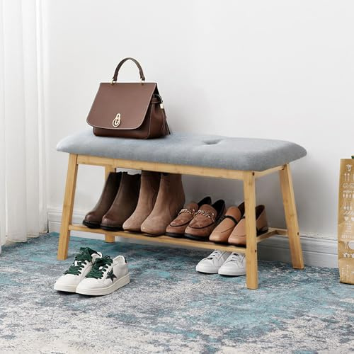 Warmiehomy 2 Tier Bamboo Shoe Rack, Linen Padded Shoe Bench Shoe Shelf Organiser for Entryway, Hallway, Living Room, 90 x 34 x 43cm, Grey