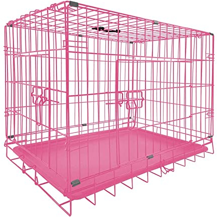 30Inch Dog Crate Pink Large Dog Crate Home or Travel Folding Metal Cage with Plastic Tray for Travel and Car Use,Pink
