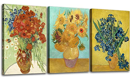 OKEXCKK Sunflowers of Vincent Van Gogh Wall Art, Irises Flower Paintings Artwork Reproduction, Giclee Canvas Prints Pictures for Bedroom Kitchen Bathroom Decor 12x16x 3 Pcs