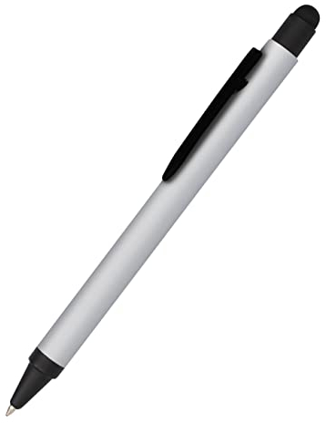 Online Kugelschreiber Alu Stylus Silver, Druckkugelschreiber aus Aluminium, auswechselbare Großraum-Mine, Schreibfarbe blau, mit Softtouch Feeling, Stift mit Touchpen, 1 Stück