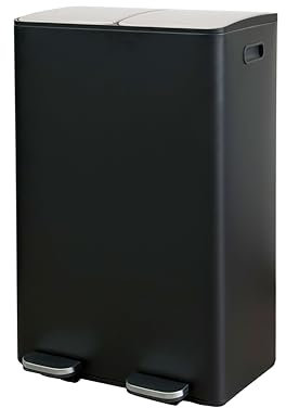 Wicotex TOM Mülleimer – 60 Liter (2 x 30 liter) – 2 Fächer - aus Metall - Inneneimer aus Kunststoff -Klappdeckel mit Softclose und luftdicht - rauchgrau - Recycling-Mülleimer - schwarz