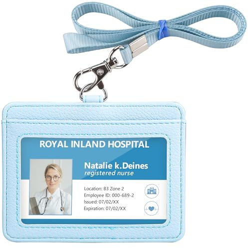 Teskyer Card Holder with Lanyard, ID Badge Holder, Oyster Card Holder, Bus Pass Holder, with Clear Window, Holding 2 Cards, PU Leather, Horizontal, Glacier Blue