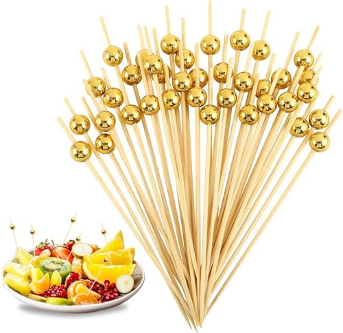 200 palillos de cóctel de madera natural con perla acrílica dorada, palillos de bambú, palillos de cóctel, aperitivos, palillos de comida para bar, fiestas, postres, barbacoas, aperitivos, brochetas