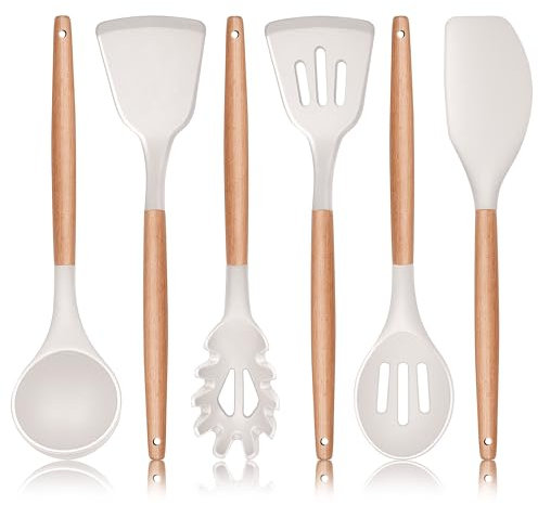 Herogo Juego de utensilios de cocina, 6 piezas de utensilios de cocina de silicona, espátula antiadherente, cuchara giratoria con mango de madera, herramientas de cocina resistentes al calor para