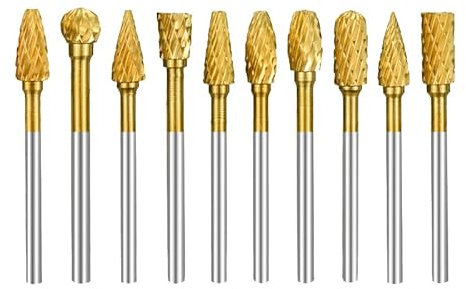 BALUGAEA Hartmetall Frässtifte Set mit 3 mm Schaft – 6mm Schneiddurchmesser, 10 Stück Doppelschnitt-Frässtifte, Titan Beschichtete Rotationsfräser für Holz Gravieren, Schleifen und Metall Polieren