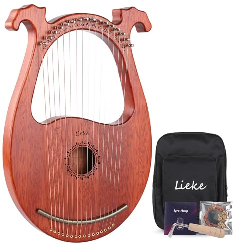 LIEKE Arpa de lira con 16 cuerdas de metal, cuerpo de caoba y sillín de cobre, mini instrumento de arpa de regalo con llave de afinación para músicos principiantes