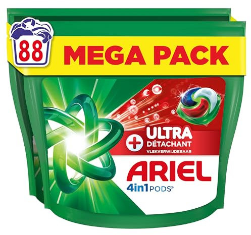 Ariel Pods 4en1 +Ultra Détachant, Lessive en Capsules, 88 Lavages (44x2), Élimine Même les Tâches Incrustées Depuis 7 Jours, Dissolution Rapide Même à Froid, Fabriqué en France