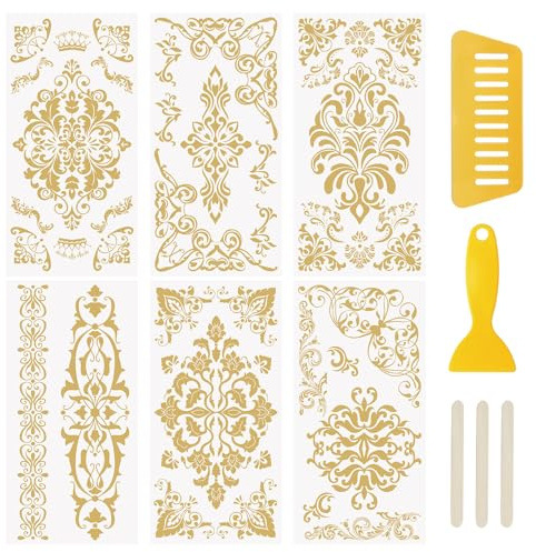 WANDIC 6 fogli di adesivi trasferibili da strofinare, motivo floreale con bordo dorato, per mobili, fai da te, decalcomanie per scrapbooking, 15 x 30 cm