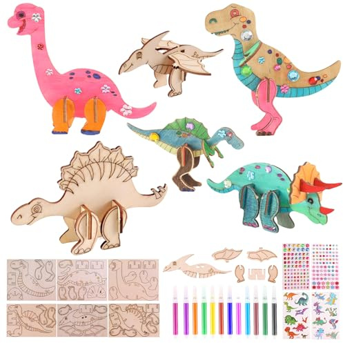 34 Pezzi Legno Fai da Te Bricolage Bambini Lavoretti Creativi per Bambini Kit Materiale 3D Legno Dinosauro con Penne Colorate, Adesivi di Pietre Preziose e Adesivi Set Creativo Bambino Pittura Giochi