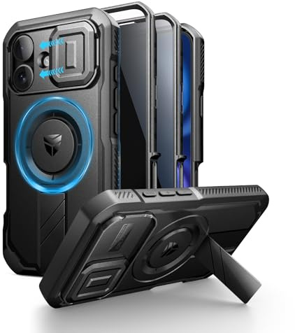 Dexnor per iPhone 16 Cover con Copertura Scorrevole per Fotocamera, Supporto Regolabile e Protezione per la Privacy Dello Schermo, Copertura Protettiva Magnetica Resistente - Nero