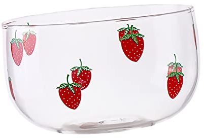 FUNNETOYU Strawberry Pattern Glass Dessert Bowl Nordic Style Fruit Serving Plate Transparent Smooth Glassware for Salad Ice Cream Snacks Tableware Easy to Clean and Store