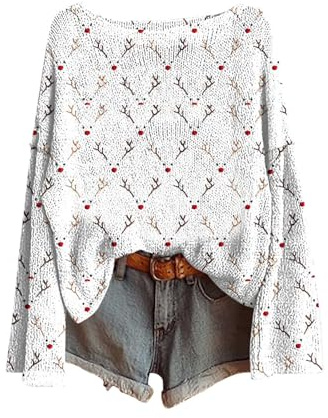 christmas jumpers for women uk Womens Christmas Tree Sweatshirts UK Long Sleeve Novelty Funny Print Jumper Oversized Crewneck Xmas Holiday Casual Shirts Fashion Pullover Tops Fall Winter White S