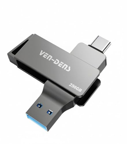 VEN-DENS 2-in-1 USB 3.2 Flash Drive – Type-C & USB-A Dual Interface, USB Stick External Storage, High-Speed Zinc Alloy OTG Memory Stick for Android, Laptop, MacBook, Windows, Smartphone & PC (256GB)