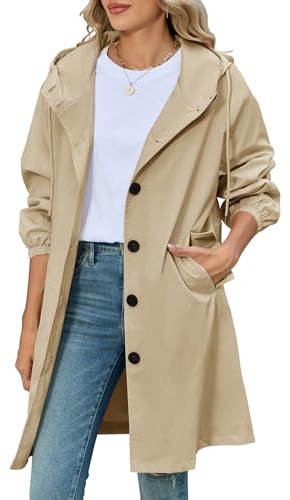 CMTOP Trench Donna Lungo con Cappuccio Elegante Monopetto Cappotto Leggero Antivento Giacca Primavera e Autunno Trenchoat Windbreaker Giacche con Tasche(Grigio Kaki,L)