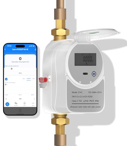 Zigbee Contatore dell'acqua intelligente con valvola di intercettazione e display LCD 214C, funziona con Tuya Smart & Home Assistant, alimentato a batteria, monitoraggio remoto del flusso, hub Zigbee